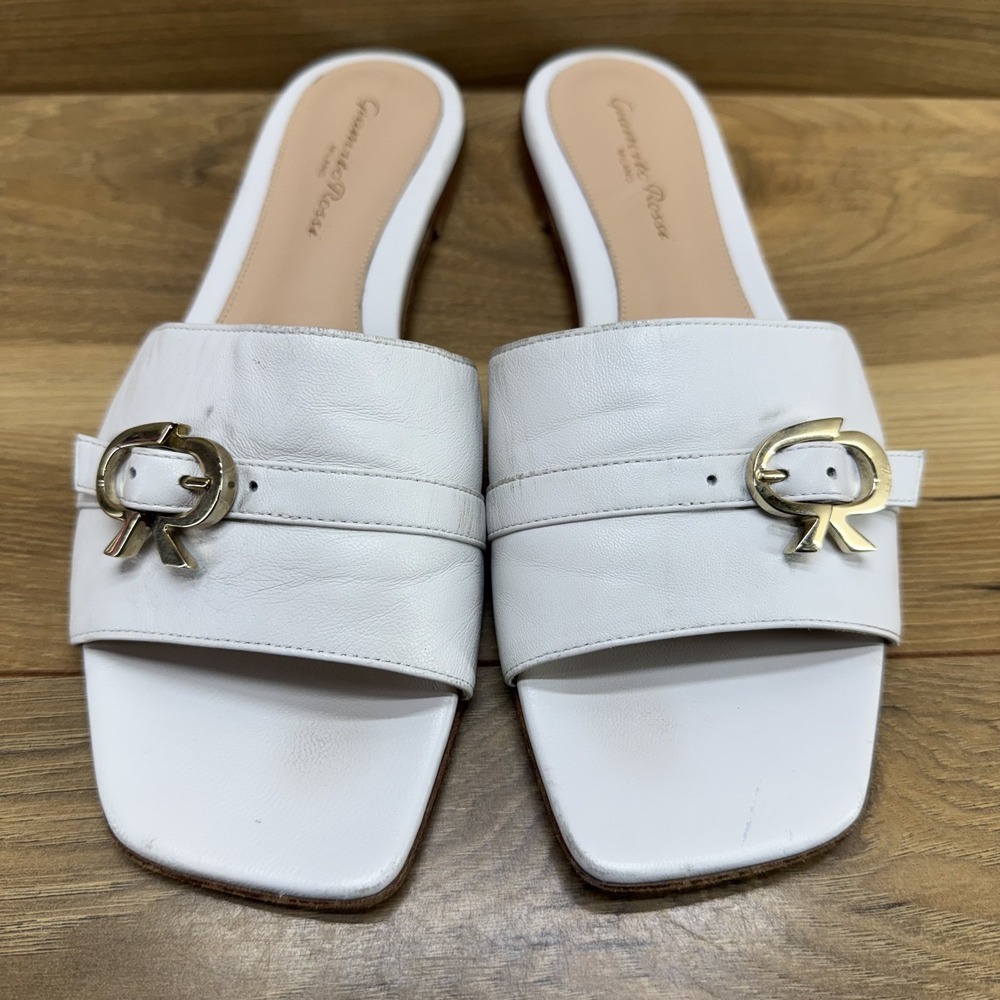 Gianvito Rossi Cream White Leather Slide Sandals 8 EU 38 Square Toe Minimalist